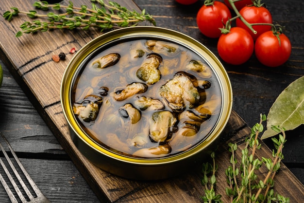 Can of mussels on black wooden table background