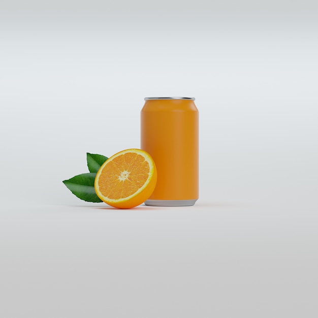 Can of orange soda with half an orange and green leaves.