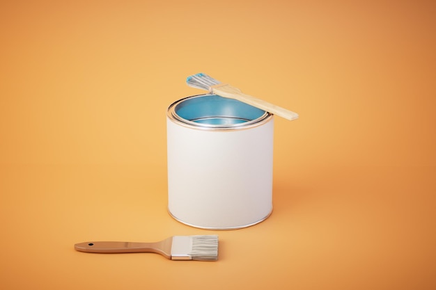 Photo can of paint and brushes on orange background 3d render