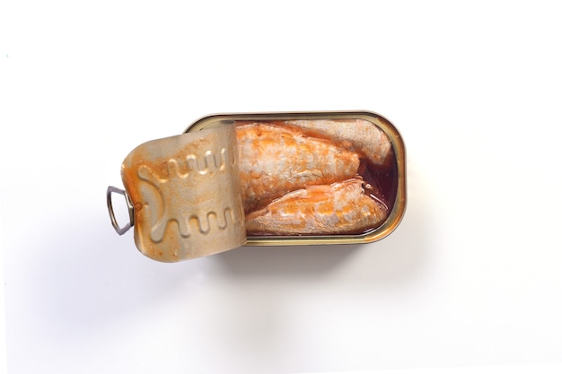 Can of pickled sardines on white background