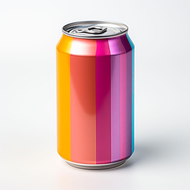 a can of rainbow colored soda is on a white background.