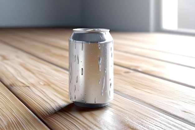 A can of soda on a wooden table