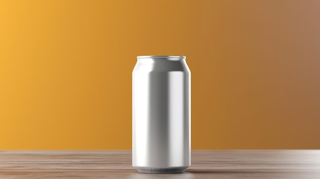 A can of soda on a wooden table.