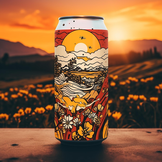 Photo a can of sunset with a sunset in the background