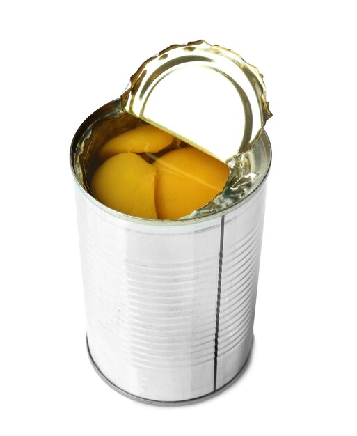 Can with pickled apricots on white background