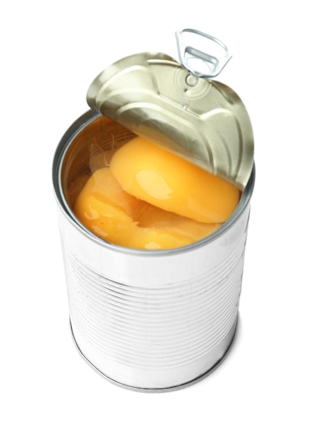 Can with pickled apricots on white background