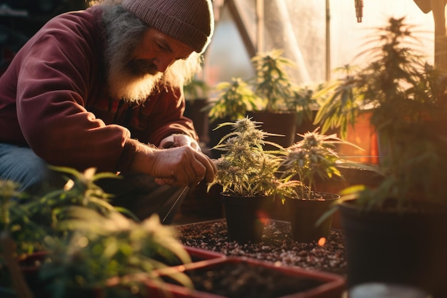 Canabis planten in een grote pot op het terras in de stijl van raw authenticity Generative AI