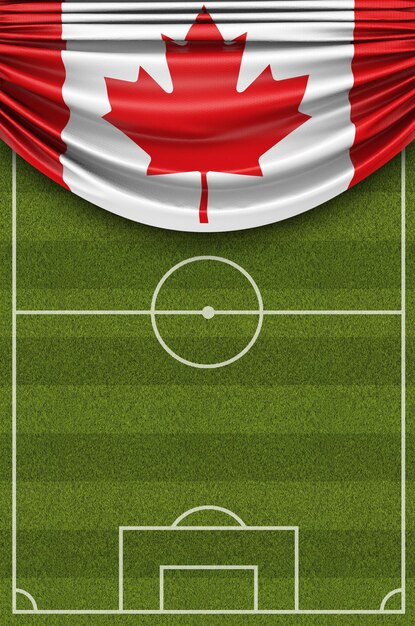 Canada country flag draped over a football soccer pitch 3D Rendering