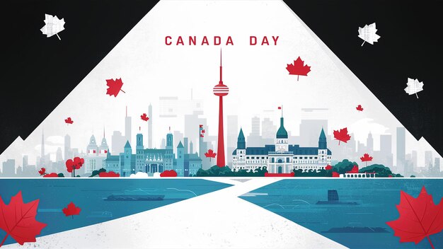 Photo canada day in maple leaf flag background with toronto and ontario skyline generative ai