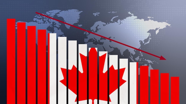 Canada flag on bar chart concept with decreasing values concept of economic crisis politics conflicts war concept with flag