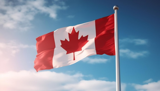 Canada flag flying on the blue sky