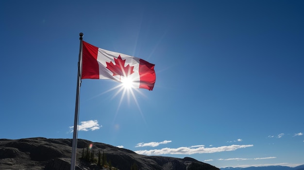 写真 澄んだ青い空にカナダの国旗 生成 ai