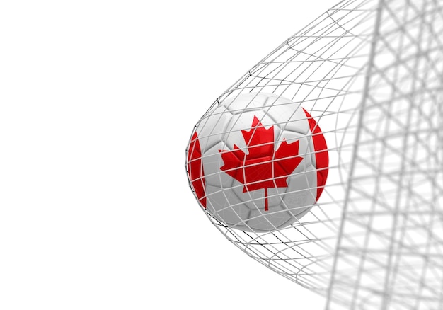 Canada flag soccer ball scores a goal in a net