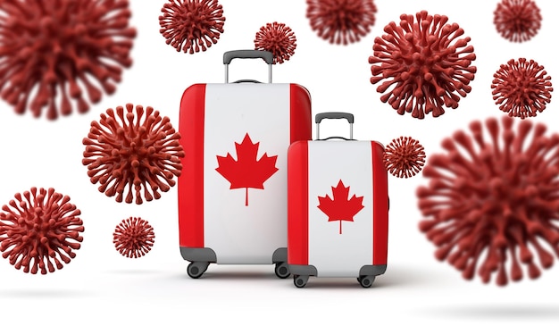 コロナウイルスdレンダリングを備えたカナダ国旗の旅行スーツケース
