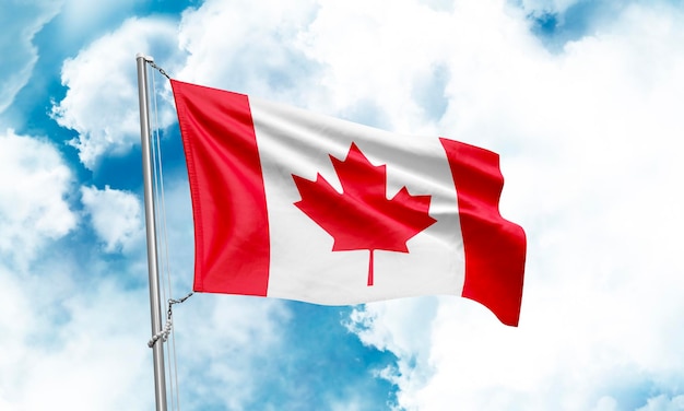 하늘 배경 3D 렌더링에 흔들리는 캐나다 국기