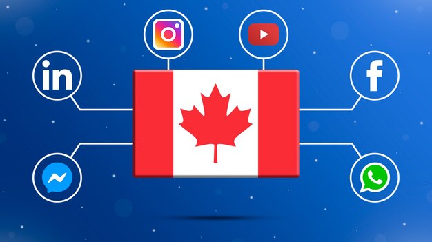 Canada flag with social media logos 3d