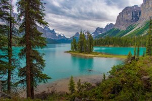 Photo canada forest landscape of spirit island with big mountain in the background, alberta, canada.