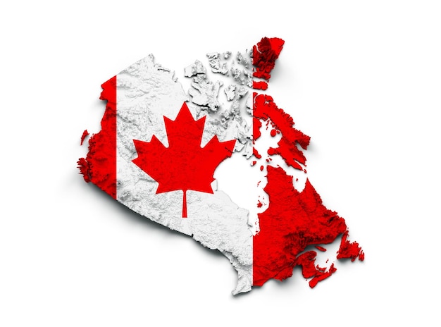 Canada Kaart Canada Vlag Schaduwrijk reliëf Kleur Hoogtekaart op witte Achtergrond 3d illustratie