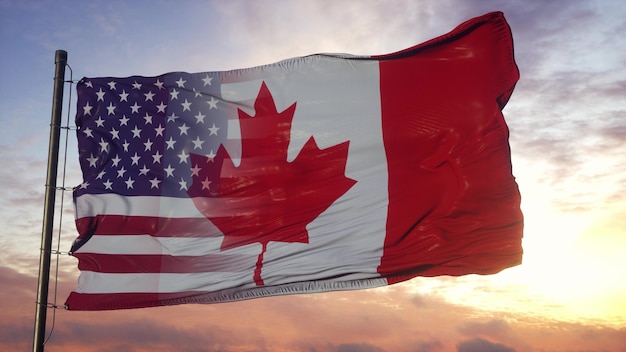 Canada and USA flag on flagpole. USA and Canada Mixed Flag waving in wind