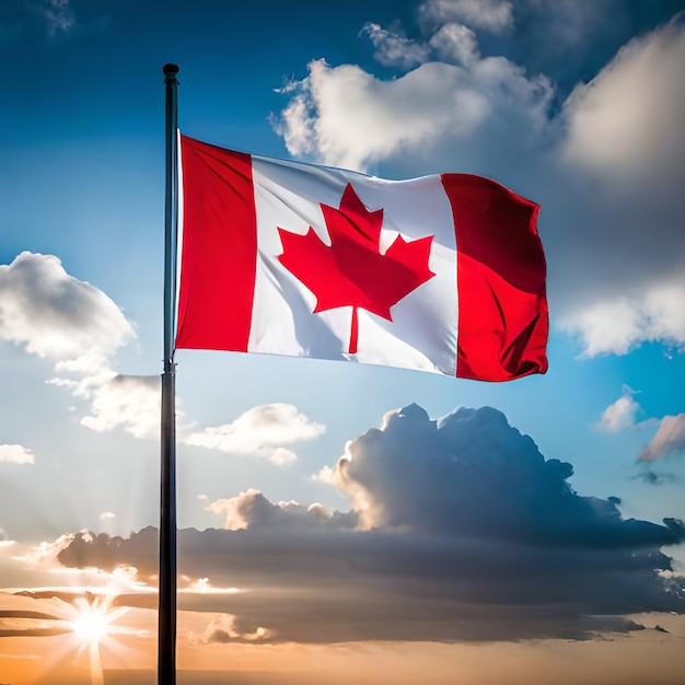 Canada vlag met hemelachtergrond bij zonsondergang