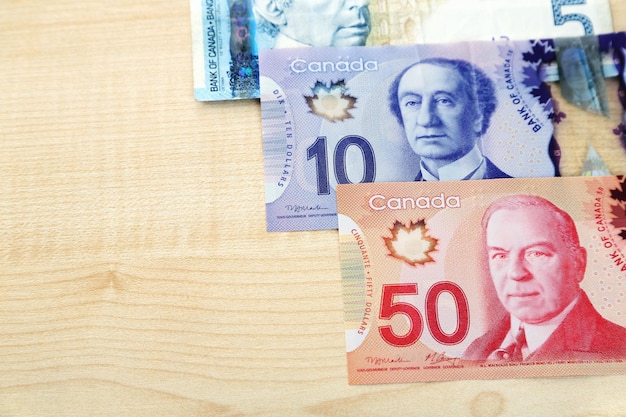 Canadese dollars op een houten tafel.