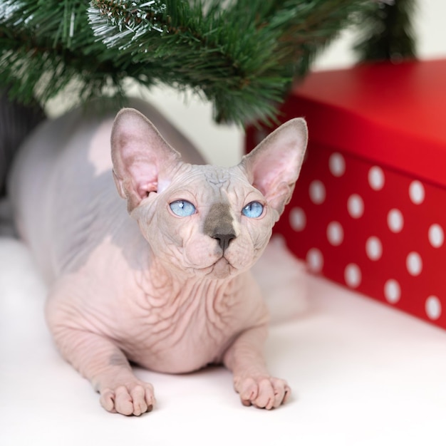 Canadese sphynx haarloze kat liggend onder de kerstboom met rode polka dot geschenkdoos eronder