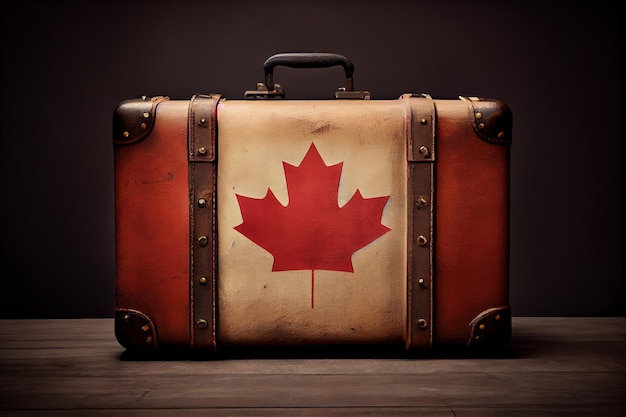 Canadese vlag op een vintage leren koffer Generatieve Ai