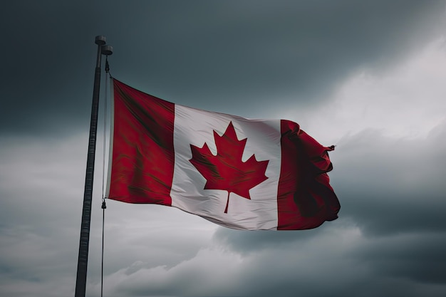 Canadese vlag wappert op een vlaggenmast tegen een blauwe lucht AI generatief