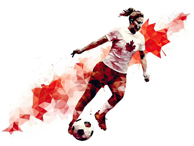 Foto canadese vrouwenvoetballer in actie silhouet vintage canada vlag vector lijntekeningen illustraties