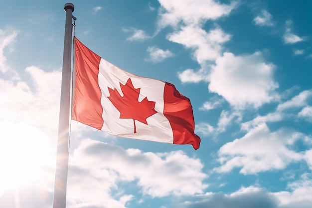 Canadian flag on clear blue sky