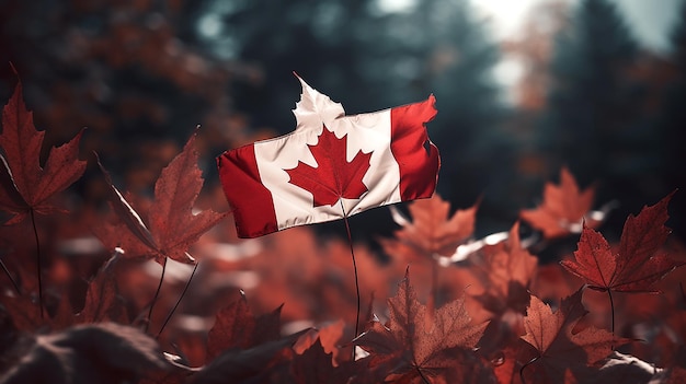 A canadian flag in a field of red leaves Canada Day