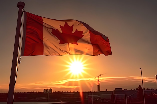 A canadian flag flies in front of a sunset.