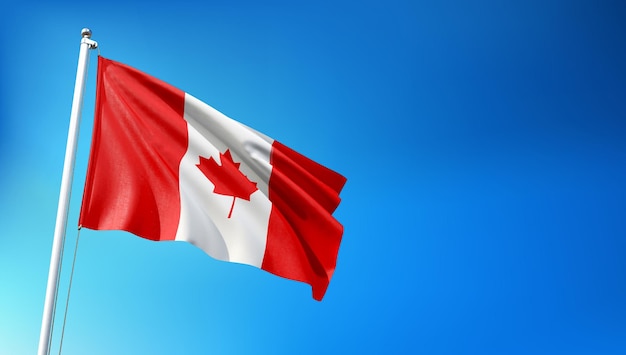 Canadian Flag Flying on Blue Sky Background 3D Render