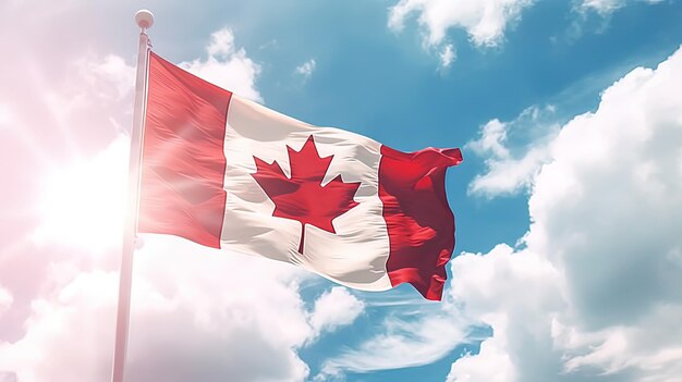 A canadian flag flying in the sky