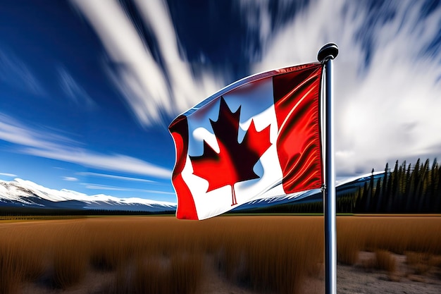A Canadian flag flying with a Canadian landscape on the background