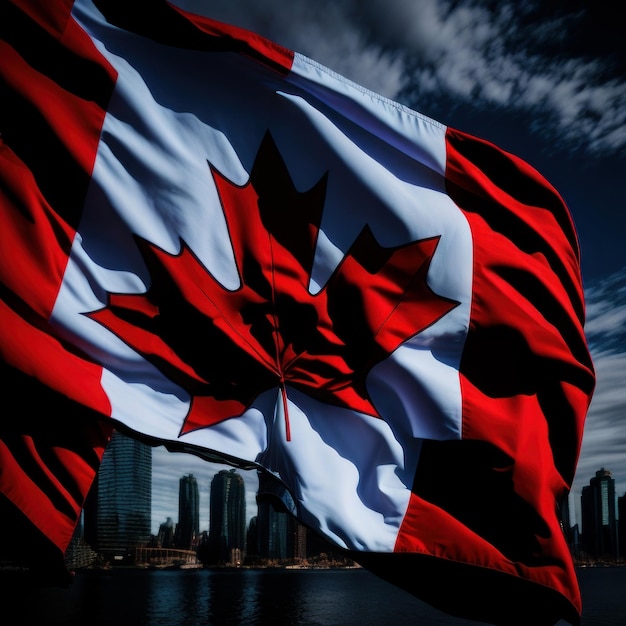 A canadian flag is flying in front of a cityscape