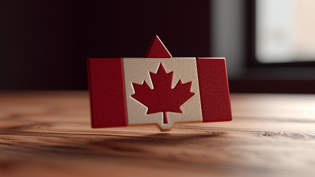 A canadian flag is on a table with a dark background.