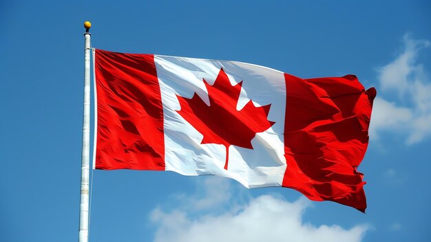 Photo a canadian flag is waving in the wind against a blue sky with white clouds the flag is red and white with a red maple leaf in the center