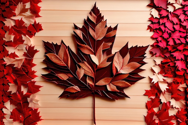 Bandiera canadese realizzata con vere foglie d'acero su un supporto di cedro generative ai