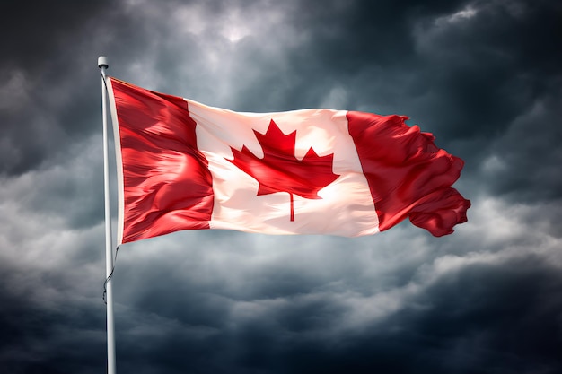 Canadian flag on sky background The flag flutters in the wind AI generated