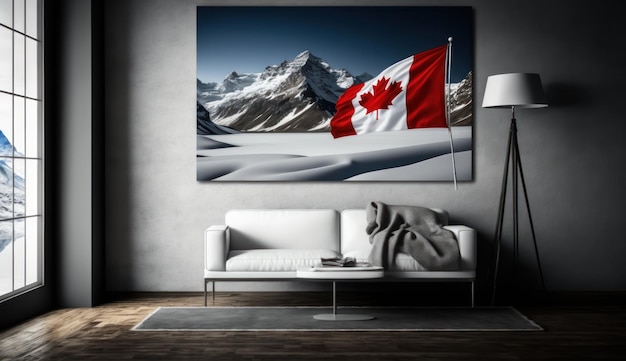 A canadian flag on a wall with mountains in the background