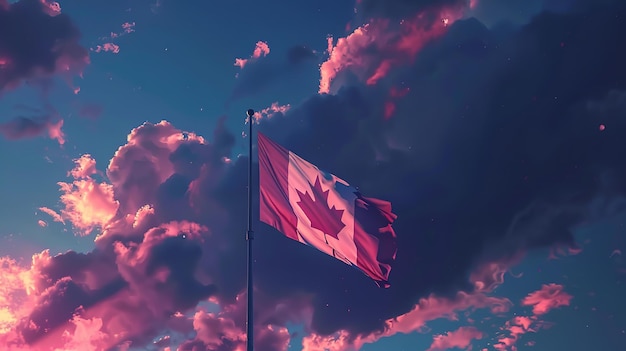 Photo canadian flag waving against vibrant dusk sky symbolizing patri