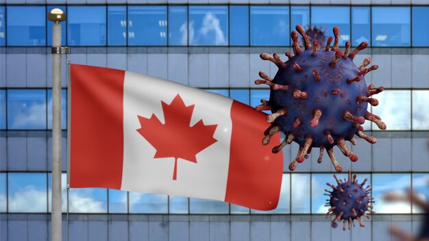 Canadian flag waving on modern skyscraper city with virus