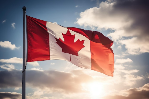 태양이 있는 파란색과 주황색 하늘을 배경으로 바람에 펄럭이는 캐나다 국기 야외에서 AI가 생성된 캐나다 국기를 흔들고 있는 모습