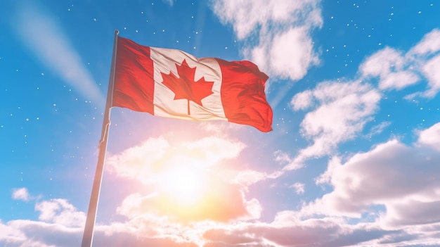 Canadian flag waving with sun light shinning