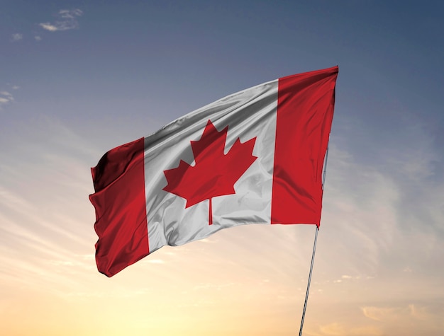 Canadian flag with sky and clouds