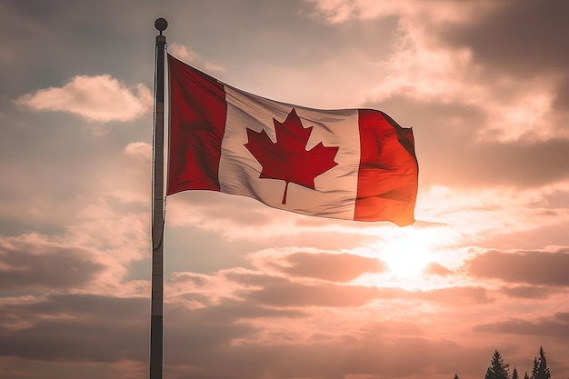 A canadian flag with the sun setting behind it