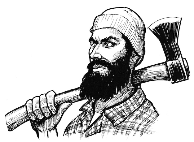 Canadian lumberjack with axe. Ink black and white drawing