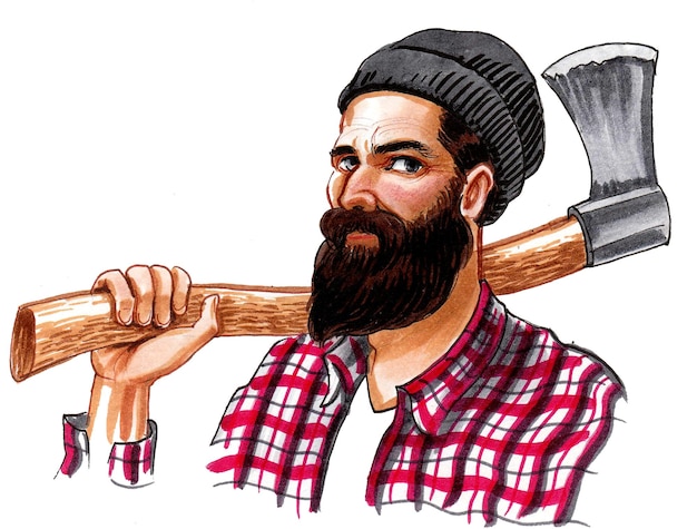 Photo canadian lumberjack with an axe. ink and watercolor drawing