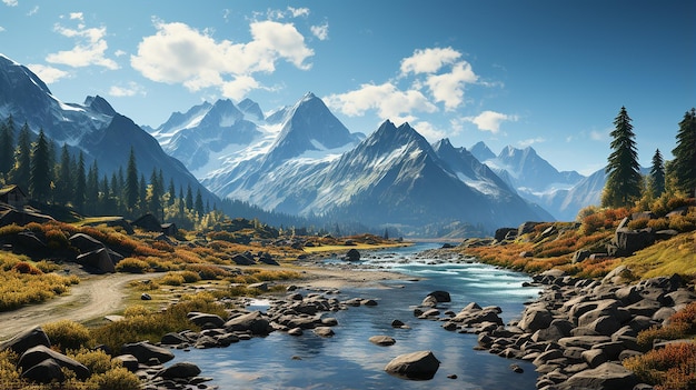 _Canadian Majesty Scenic Mountains with River Trees and Peaks_